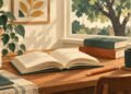 Намальовані книги й олівець на столі біля вікна. Редакційна ілюстрація.